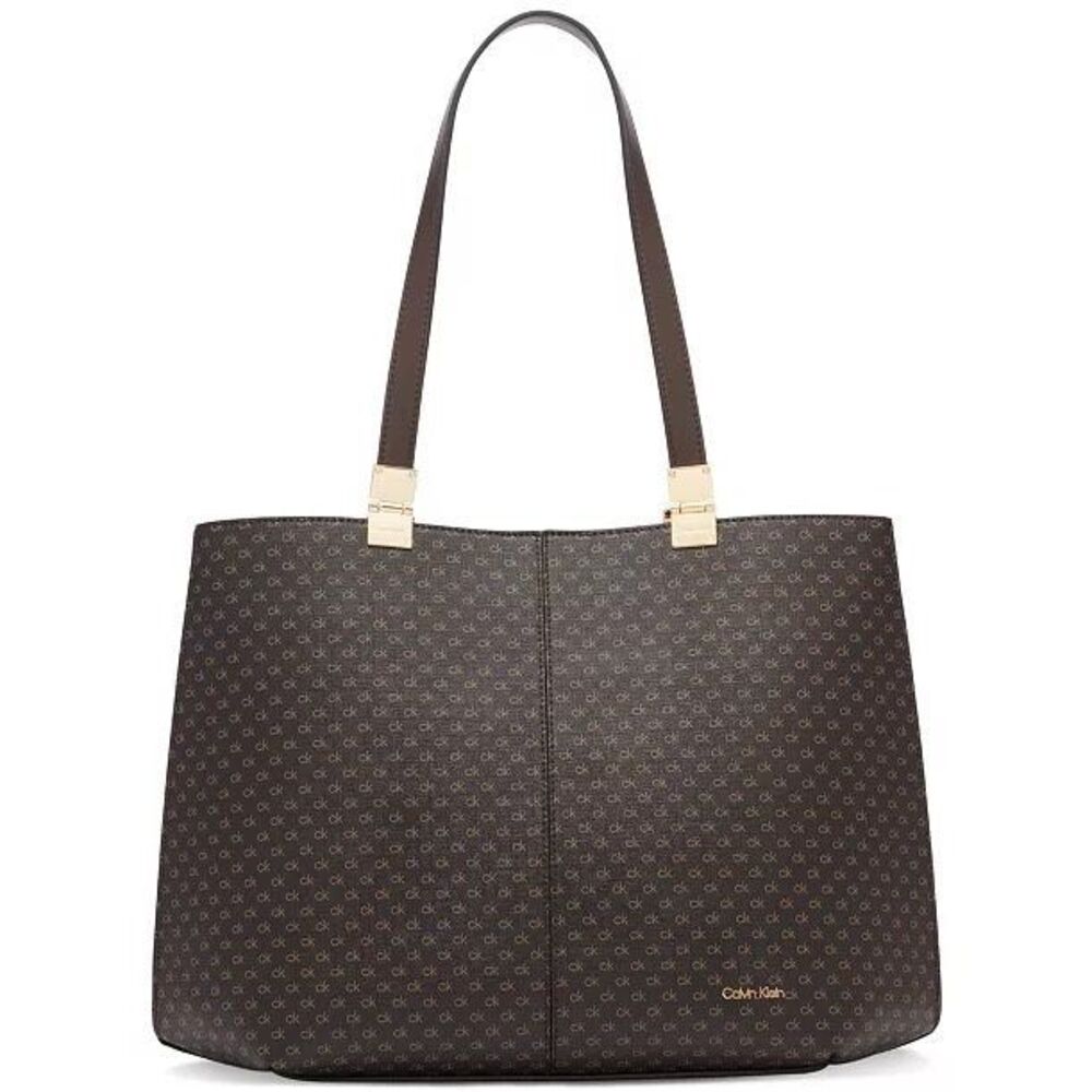 Calvin Klein Tote Bag Purse NWOT Granite Signature Brown Khaki Retail $178
